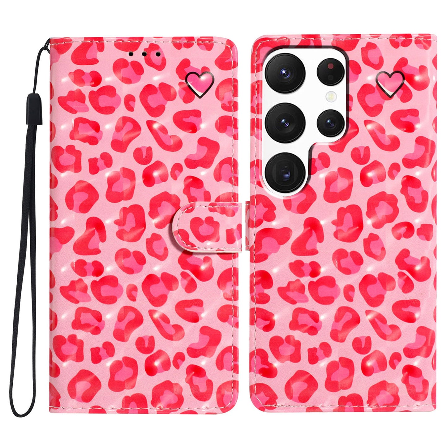 For Samsung Galaxy S24 Ultra Case PU Leather Wallet 3D Pattern Phone Cover - Pink Leopard Print
