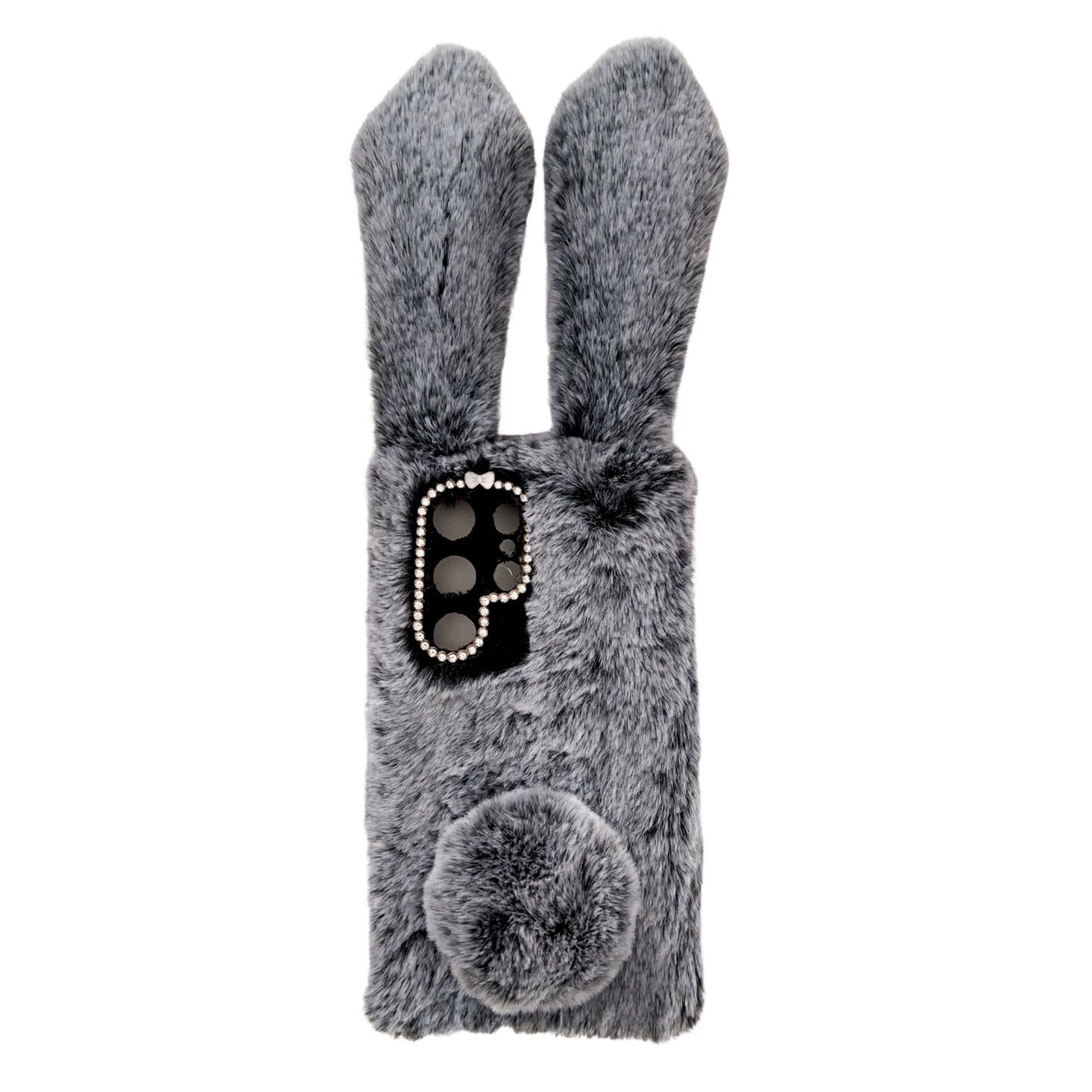 For Samsung Galaxy S24 Ultra Case Warm Fluffy 3D Bunny Ears Phone Cover - Dark Grey