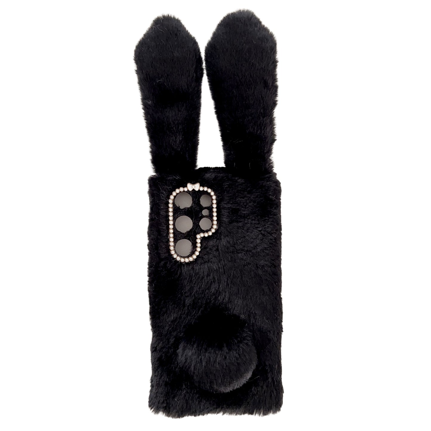For Samsung Galaxy S24 Ultra Case Warm Fluffy 3D Bunny Ears Phone Cover - Black