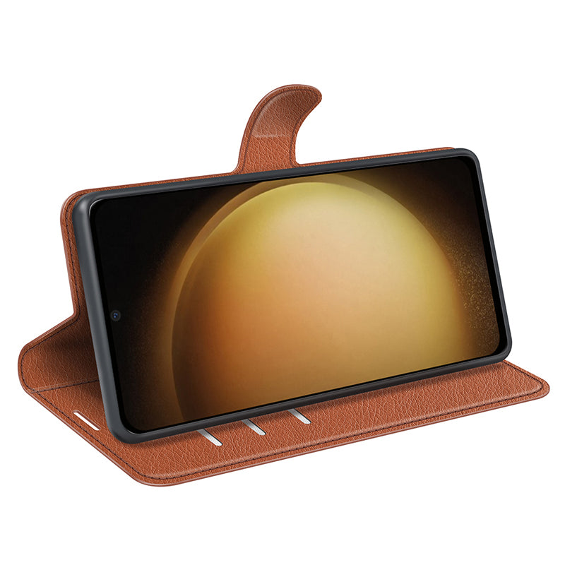 For Samsung Galaxy S24+ Case Wallet Stand Litchi Texture Phone Cover - Brown