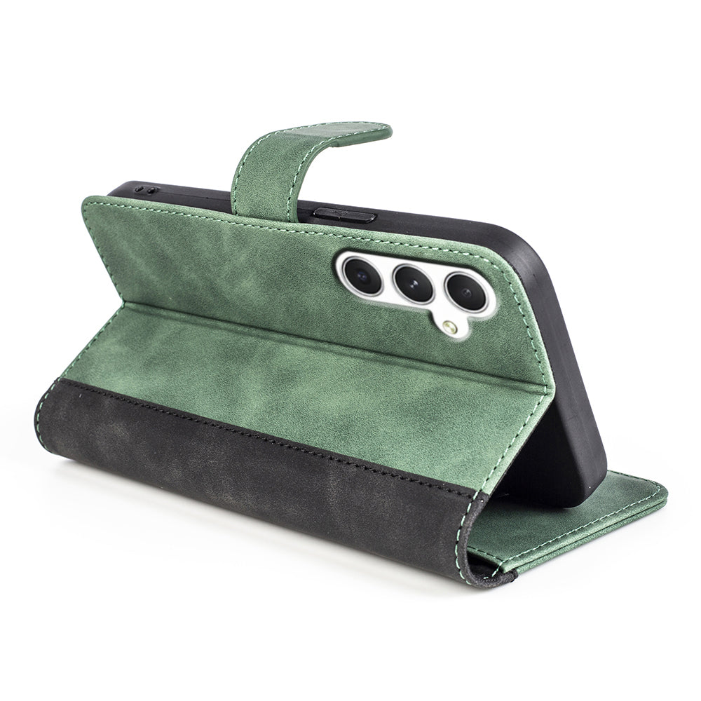 For Samsung Galaxy S24 Case Wallet Color Splicing PU Leather Folio Phone Cover - Green