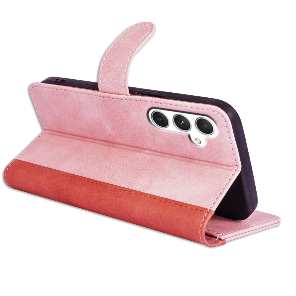 For Samsung Galaxy S24+ Case PU Leather Color Splicing Stand Phone Cover - Pink