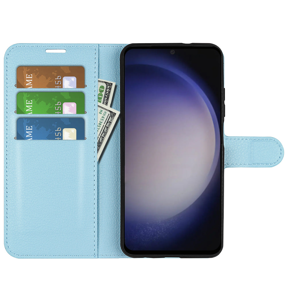 For Samsung Galaxy S24 Case Magnetic Closure Litchi Texture Leather Phone Cover - Blue