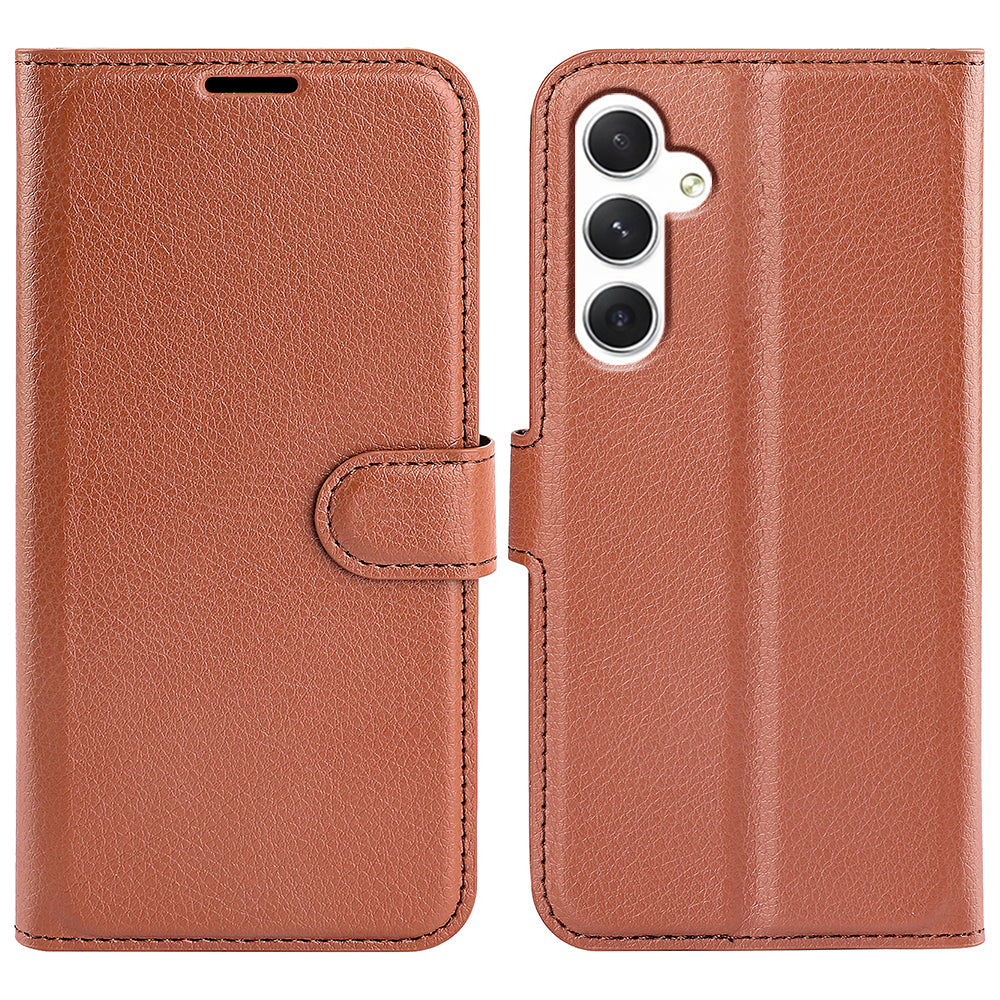 For Samsung Galaxy S24 Case Magnetic Closure Litchi Texture Leather Phone Cover - Brown