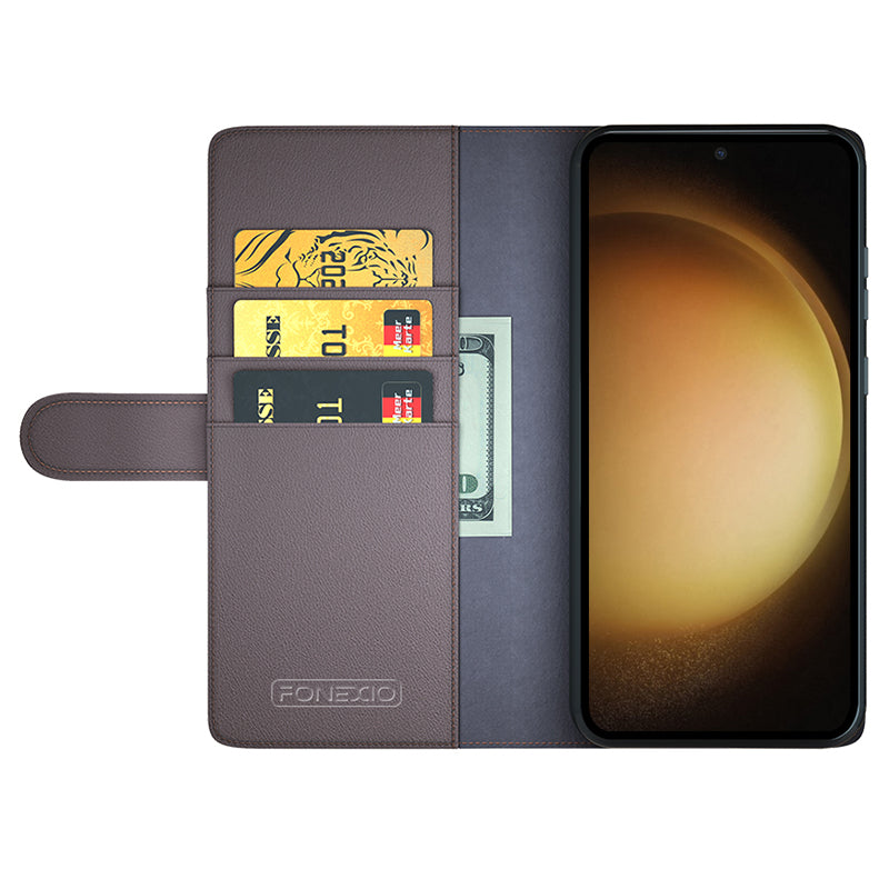 For Samsung Galaxy S24+ Case Genuine Split Leather Magnetic Closure Phone Cover - Brown