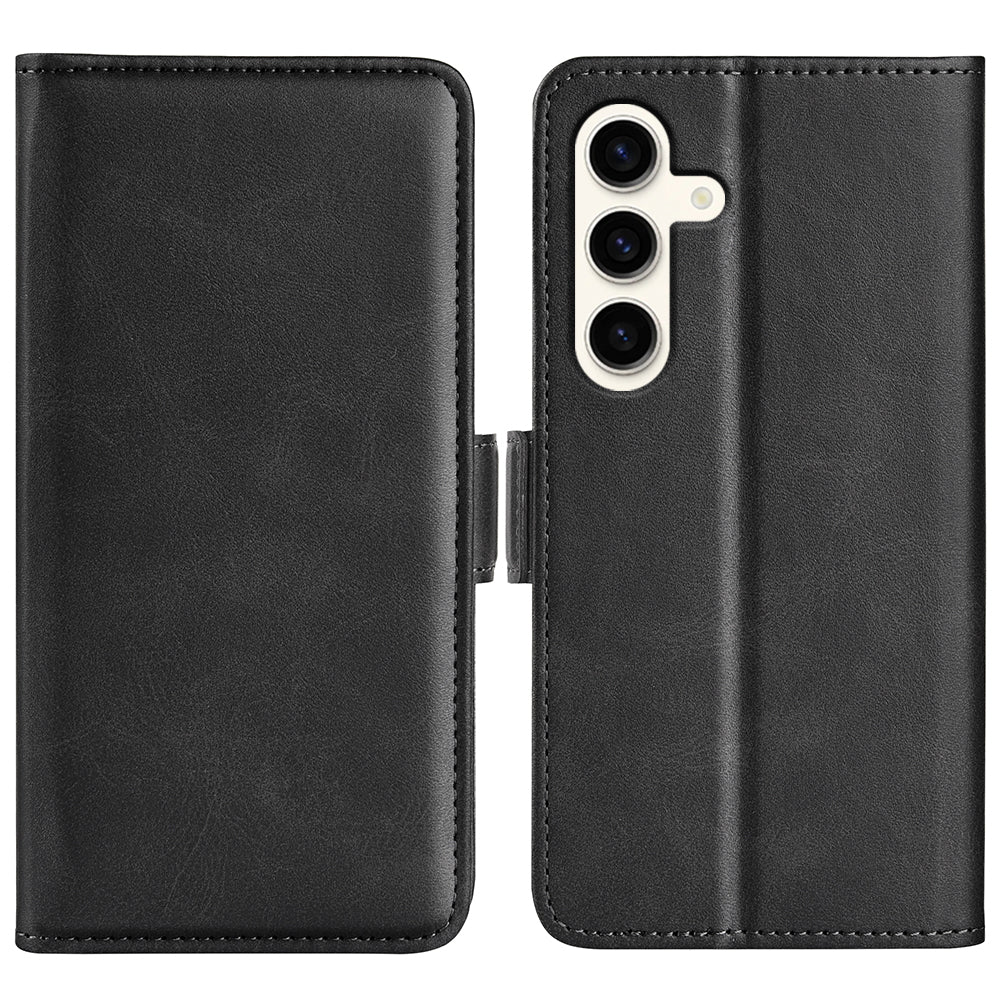 For Samsung Galaxy S24+ Case Dual Magnetic Clasp Folio PU Leather Phone Cover - Black