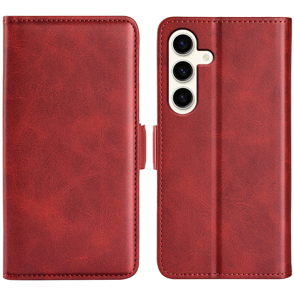 For Samsung Galaxy S24+ Case Dual Magnetic Clasp Folio PU Leather Phone Cover - Red