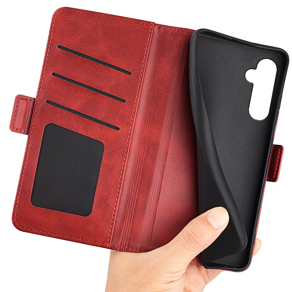 For Samsung Galaxy S24+ Case Dual Magnetic Clasp Folio PU Leather Phone Cover - Red