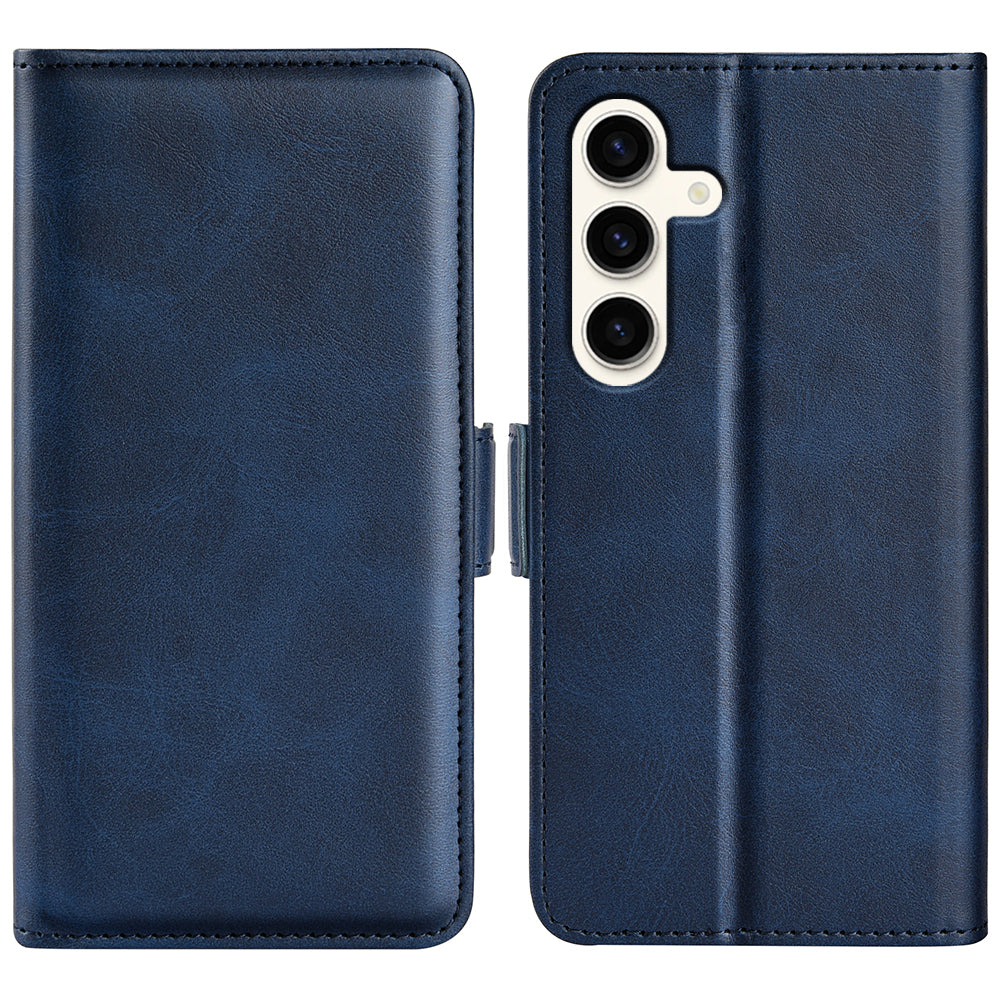 For Samsung Galaxy S24+ Case Dual Magnetic Clasp Folio PU Leather Phone Cover - Blue