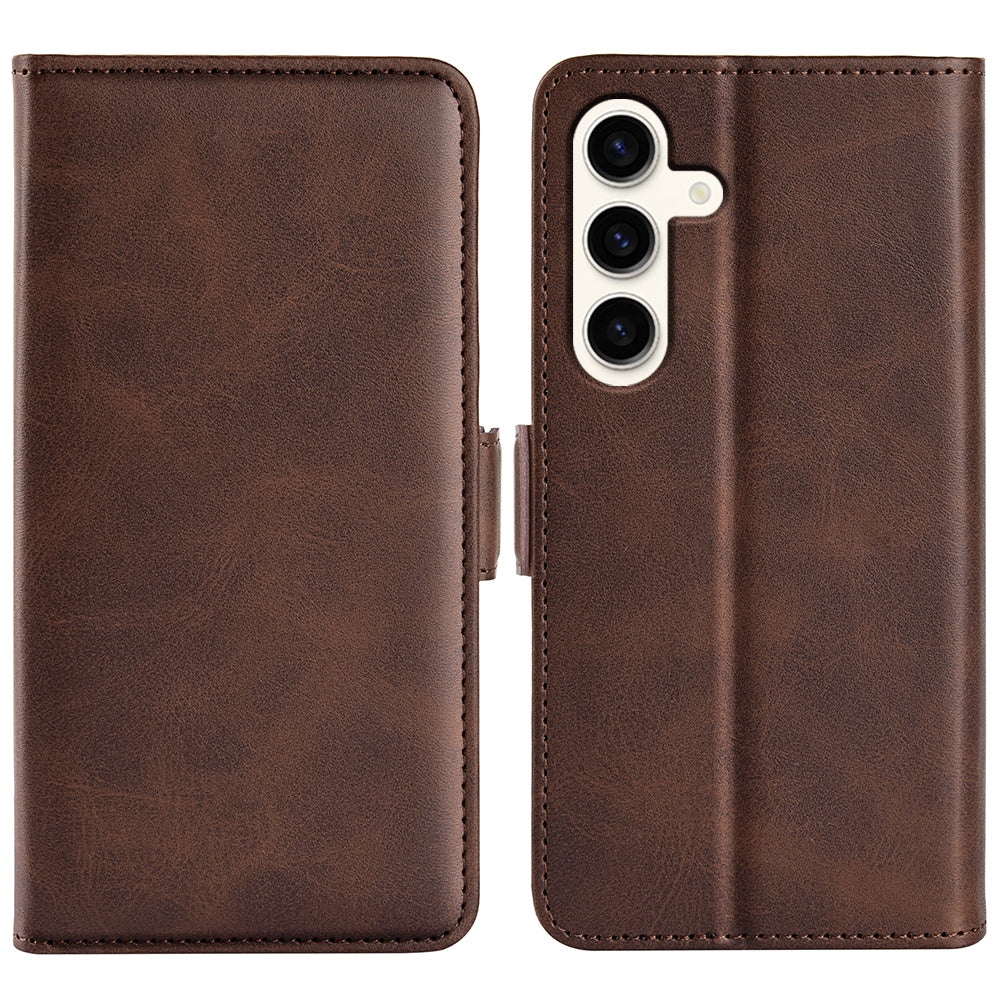 For Samsung Galaxy S24+ Case Dual Magnetic Clasp Folio PU Leather Phone Cover - Brown