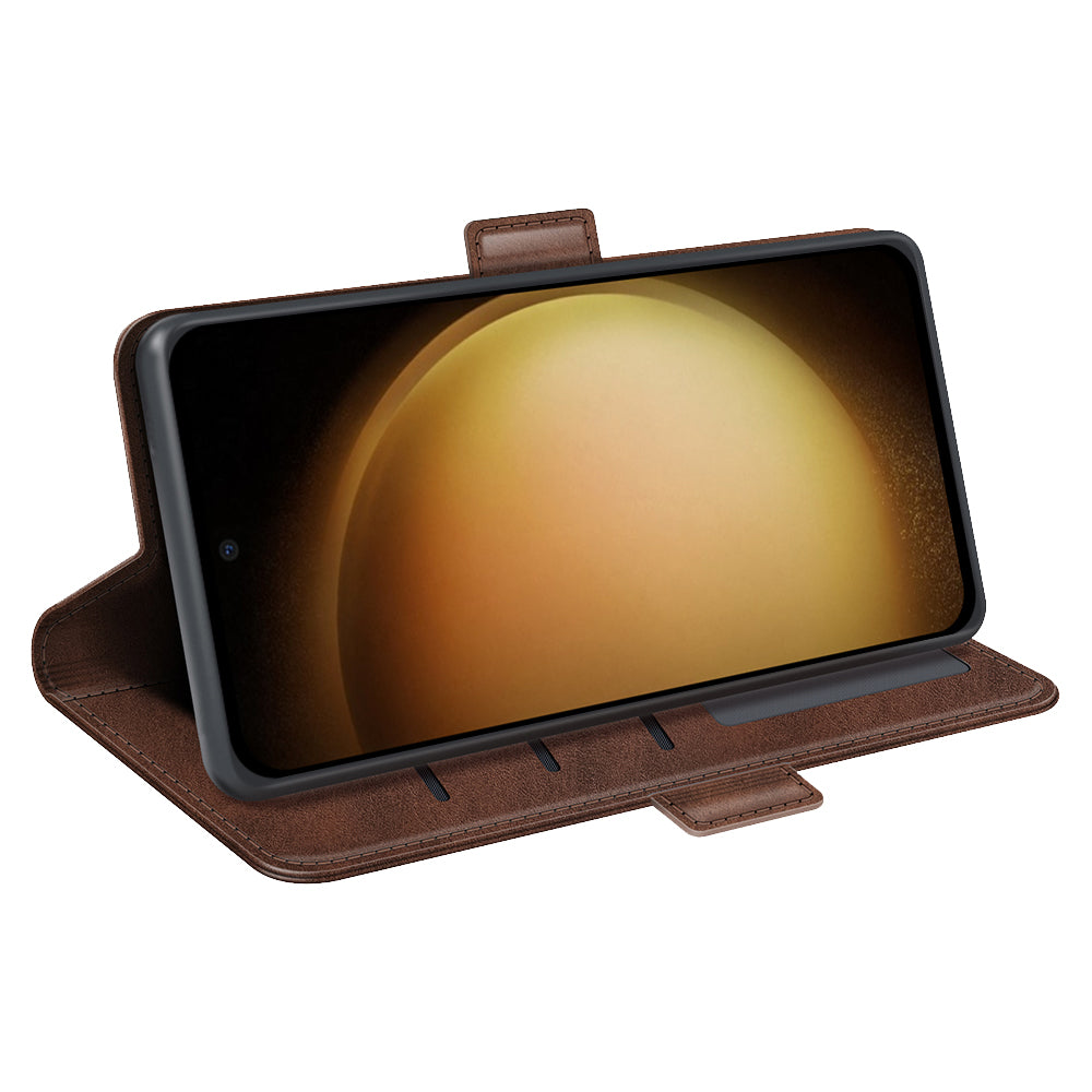 For Samsung Galaxy S24+ Case Dual Magnetic Clasp Folio PU Leather Phone Cover - Brown