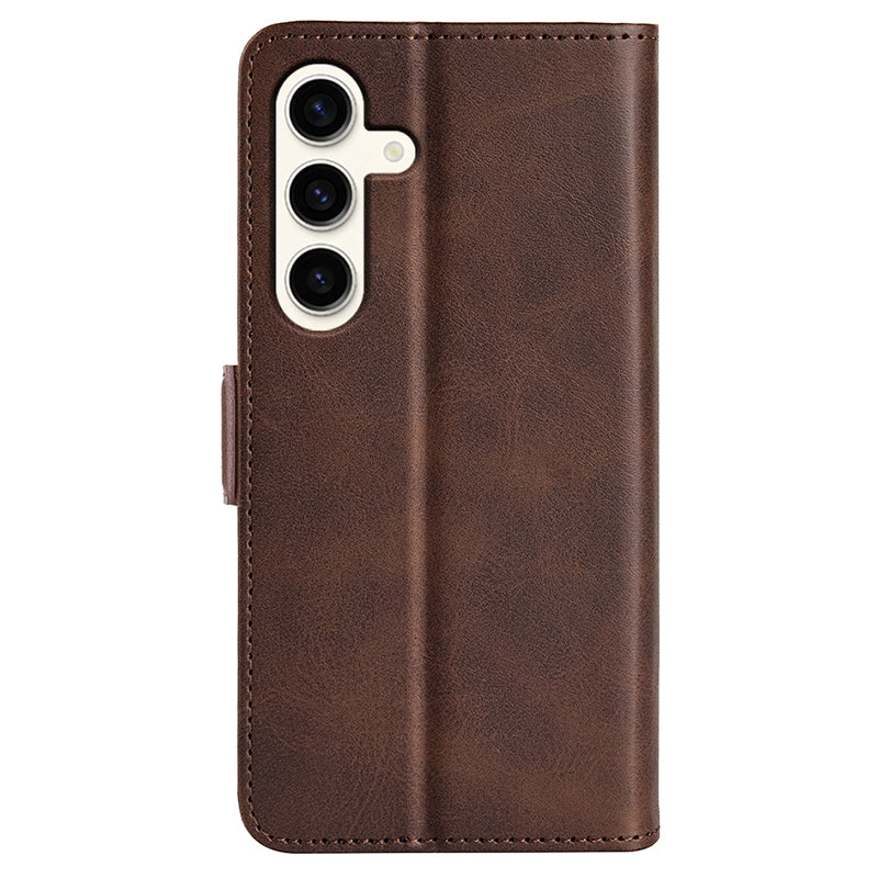 For Samsung Galaxy S24+ Case Dual Magnetic Clasp Folio PU Leather Phone Cover - Brown