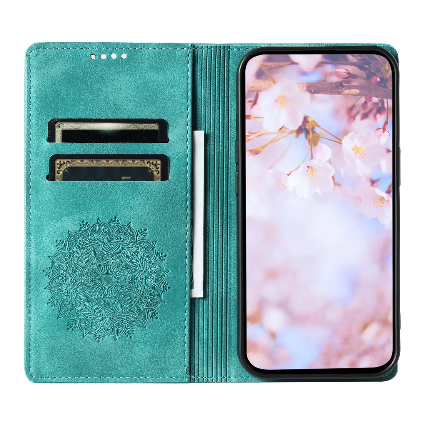 For Samsung Galaxy S24+ Case Imprinted Mandala Flower Phone Leather Cover - Mint Green