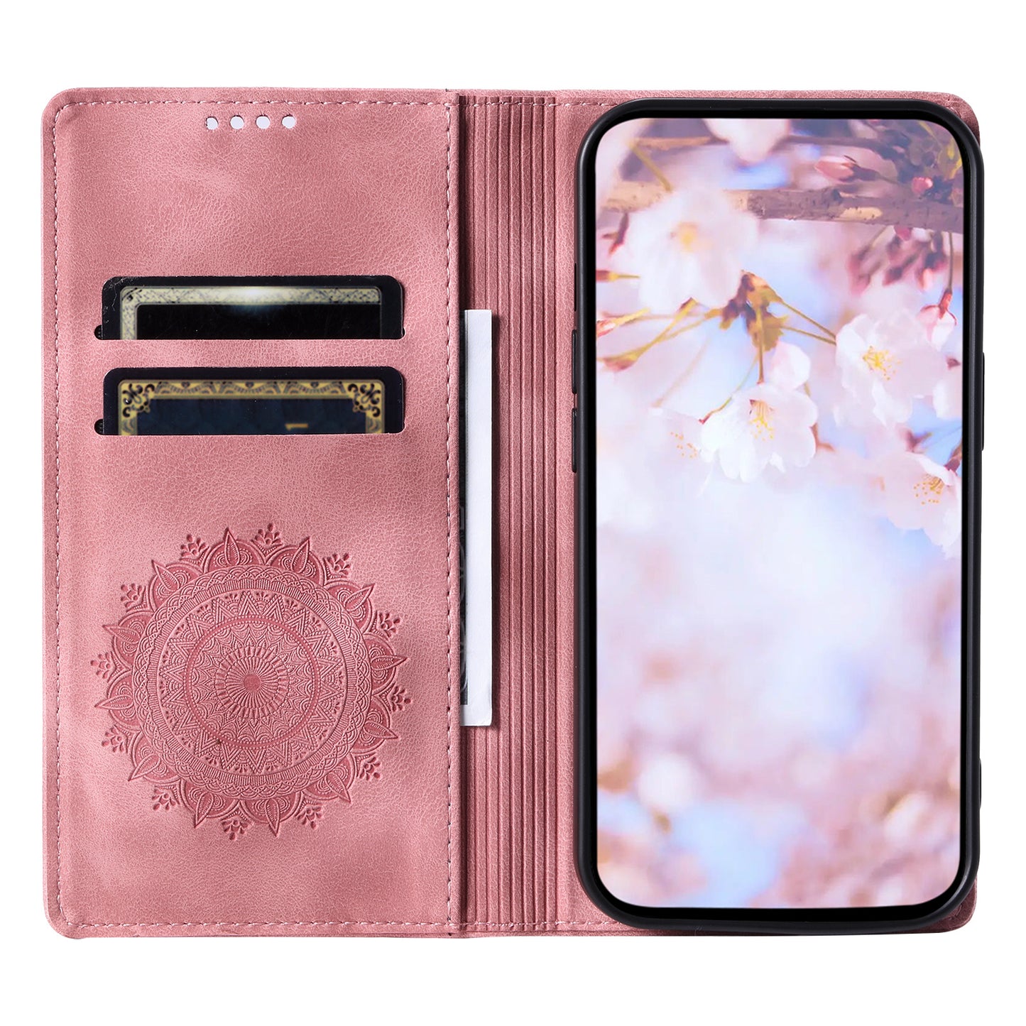 For Samsung Galaxy S24+ Case Imprinted Mandala Flower Phone Leather Cover - Rose Gold