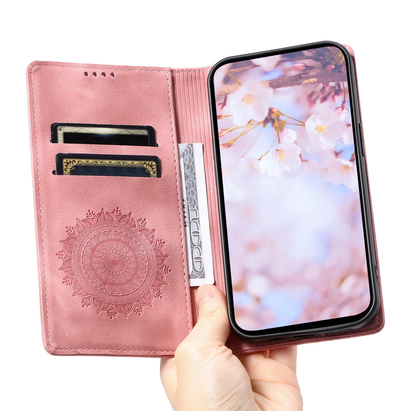 For Samsung Galaxy S24+ Case Imprinted Mandala Flower Phone Leather Cover - Rose Gold