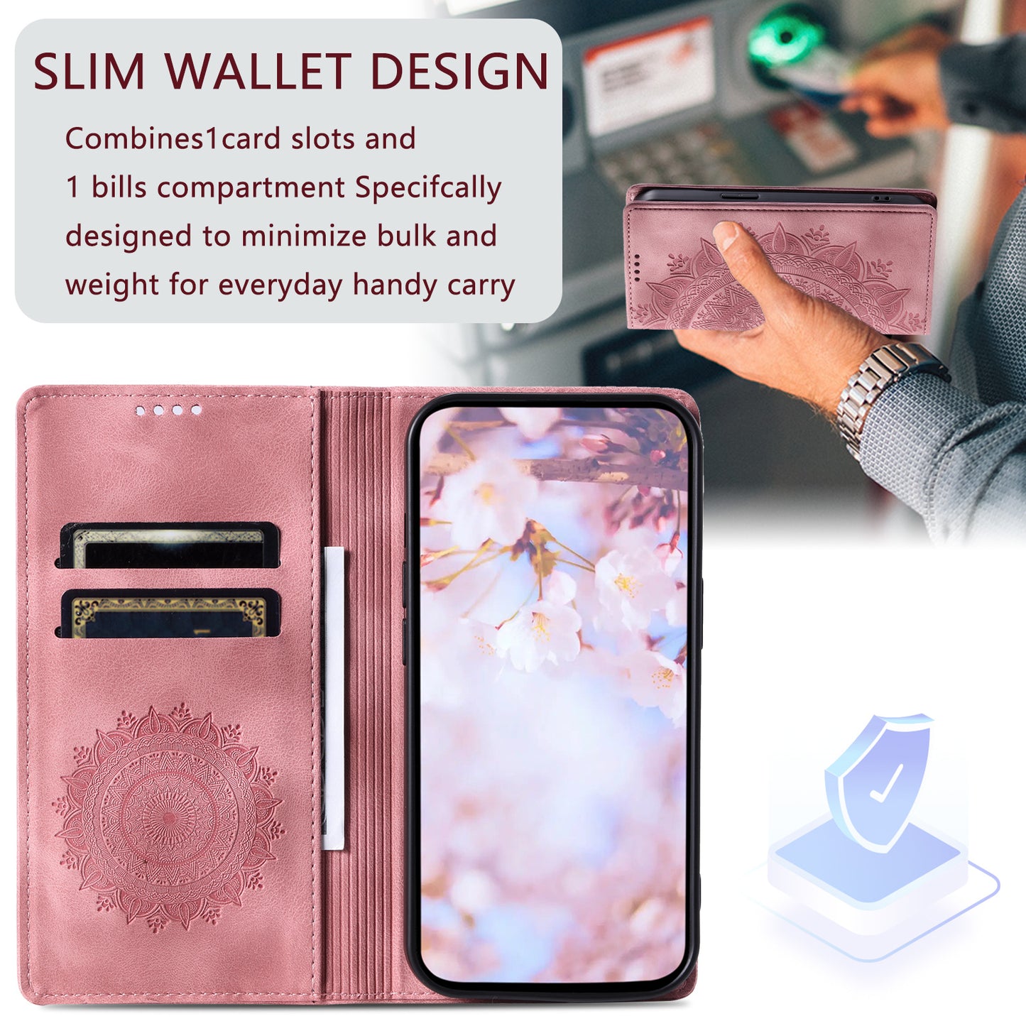 For Samsung Galaxy S24+ Case Imprinted Mandala Flower Phone Leather Cover - Rose Gold