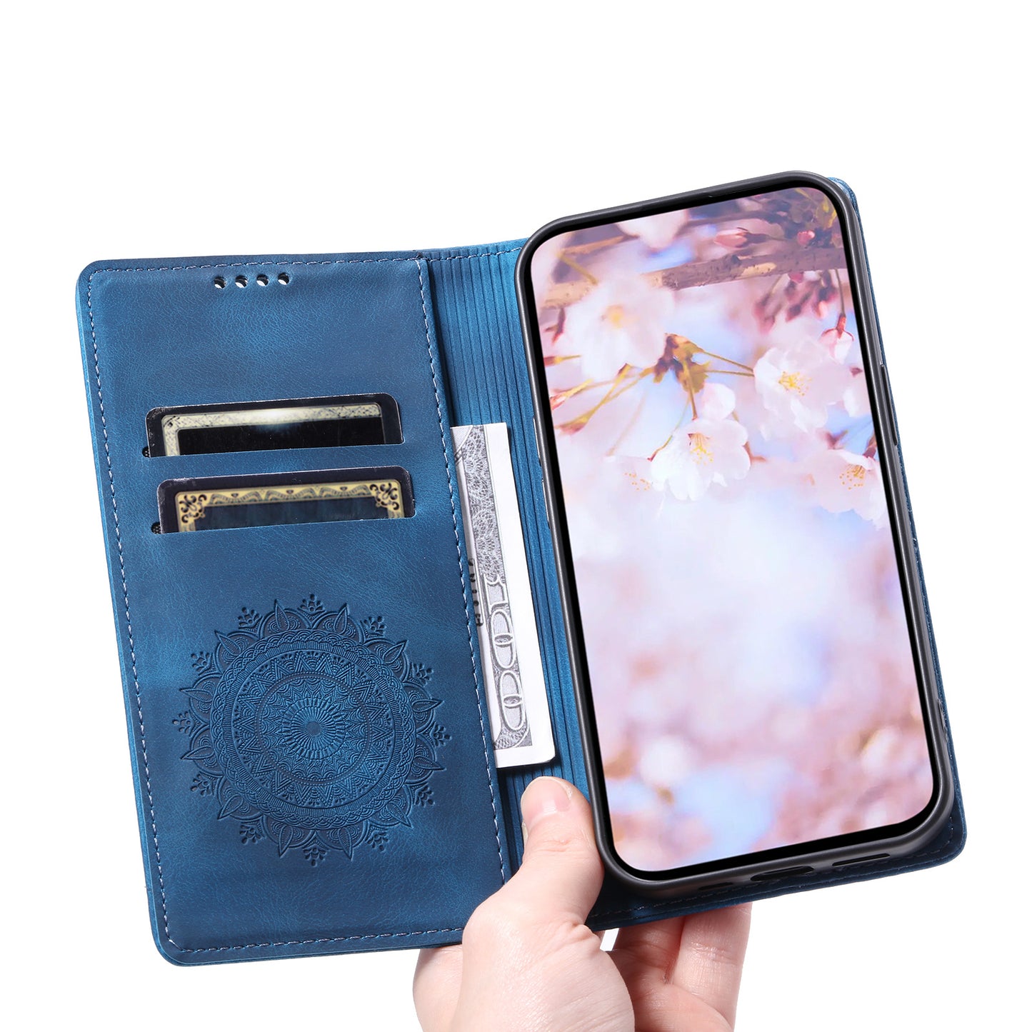 For Samsung Galaxy S24+ Case Imprinted Mandala Flower Phone Leather Cover - Blue