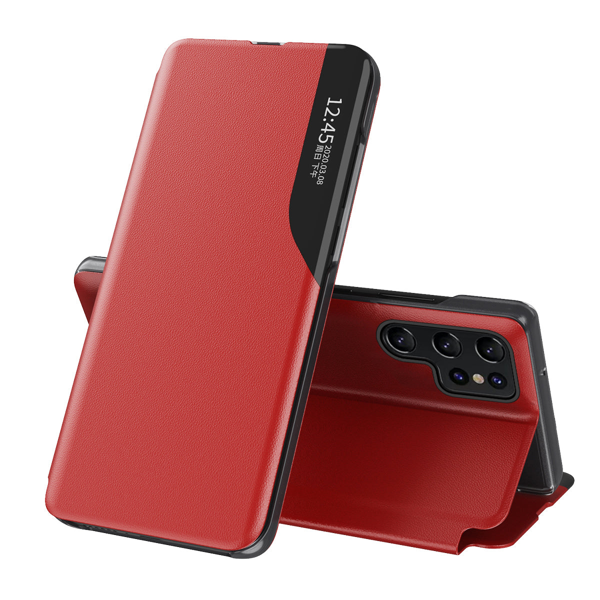 For Samsung Galaxy S24 Ultra Case Anti-scratch PU Leather Side View Window Stand Phone Protector - Red