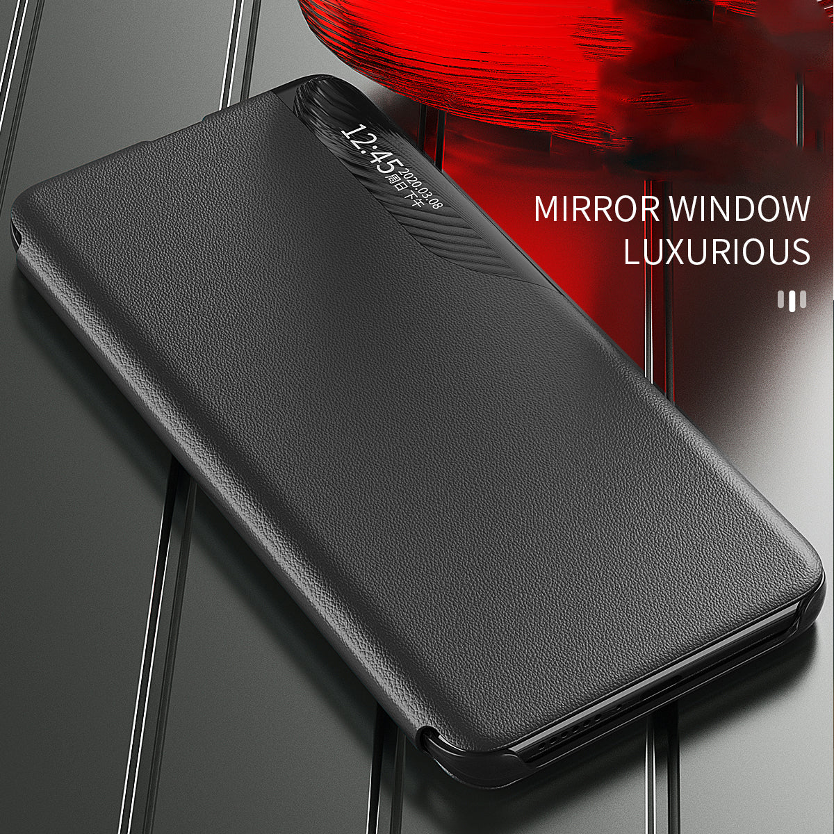 For Samsung Galaxy S24 Ultra Case Anti-scratch PU Leather Side View Window Stand Phone Protector - Red