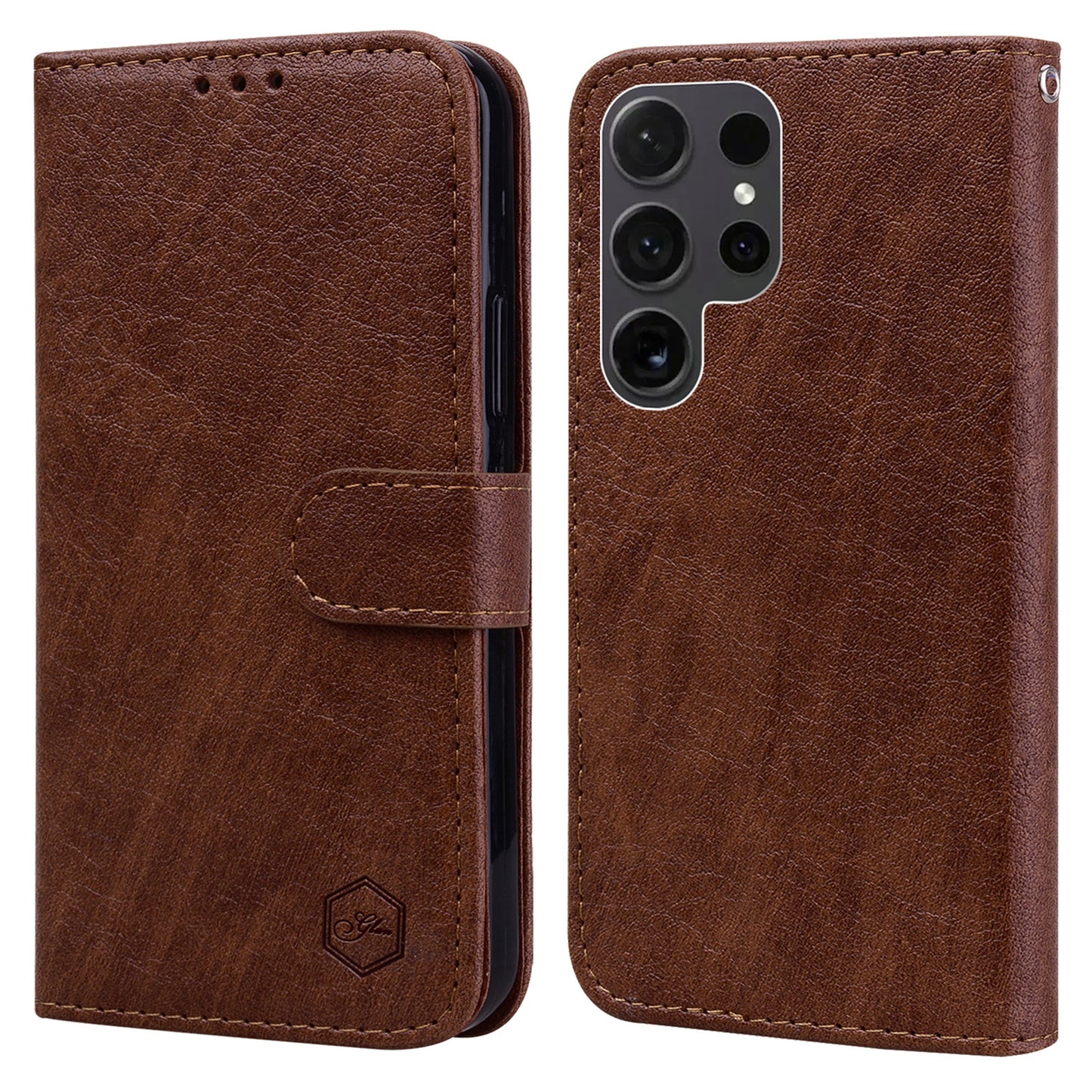 For Samsung Galaxy S24 Ultra Case Solid Color Leather Phone Stand Cover - Brown