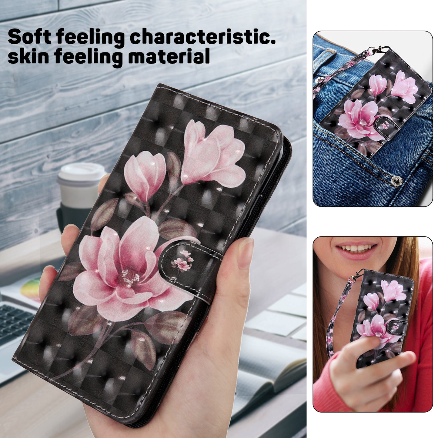 For Samsung Galaxy S24+ Case 3D Pattern Printing Phone Cover with Wallet Stand - Pink Flower