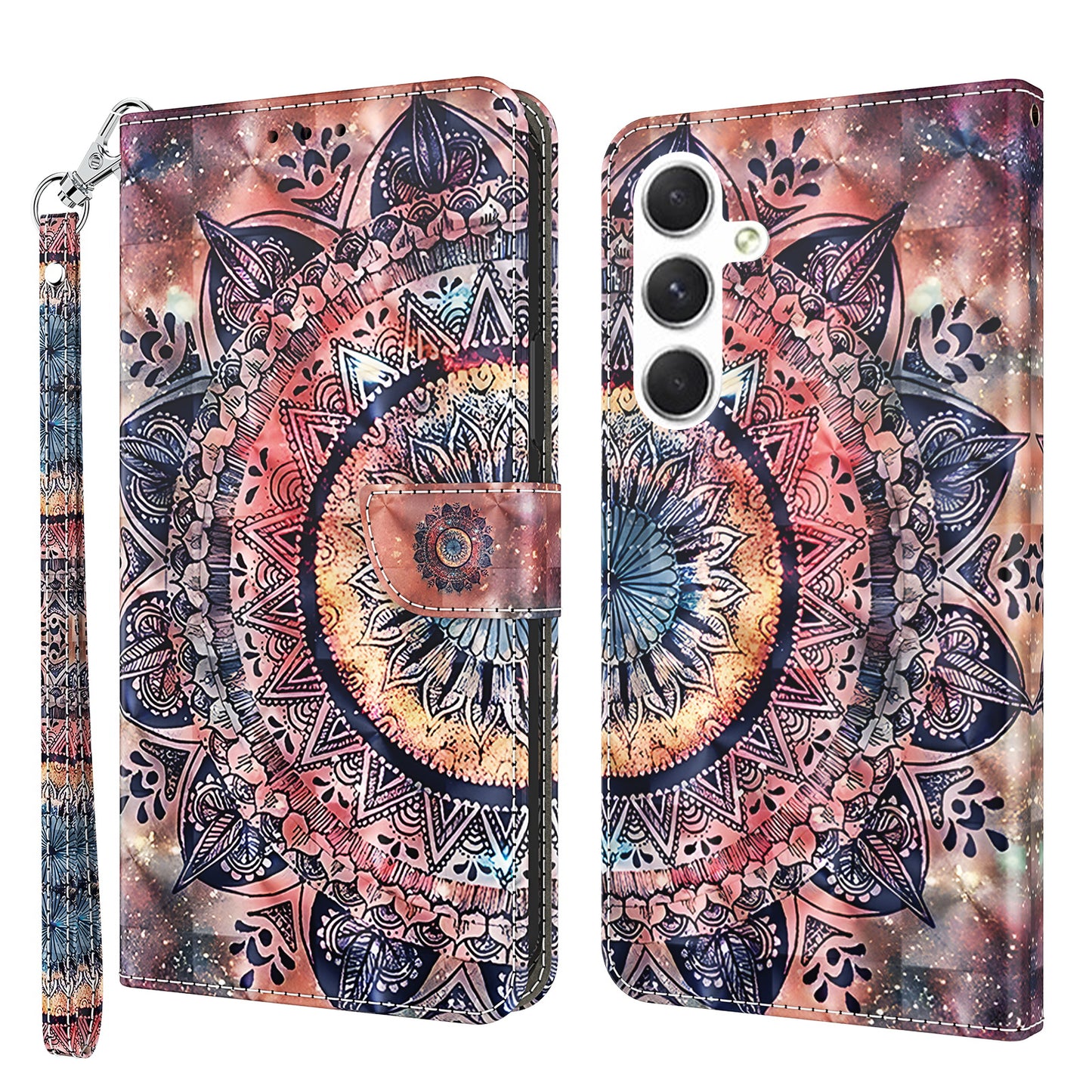 For Samsung Galaxy S24 Leather Case 3D Pattern Printing Phone Stand Cover - Color Mandala