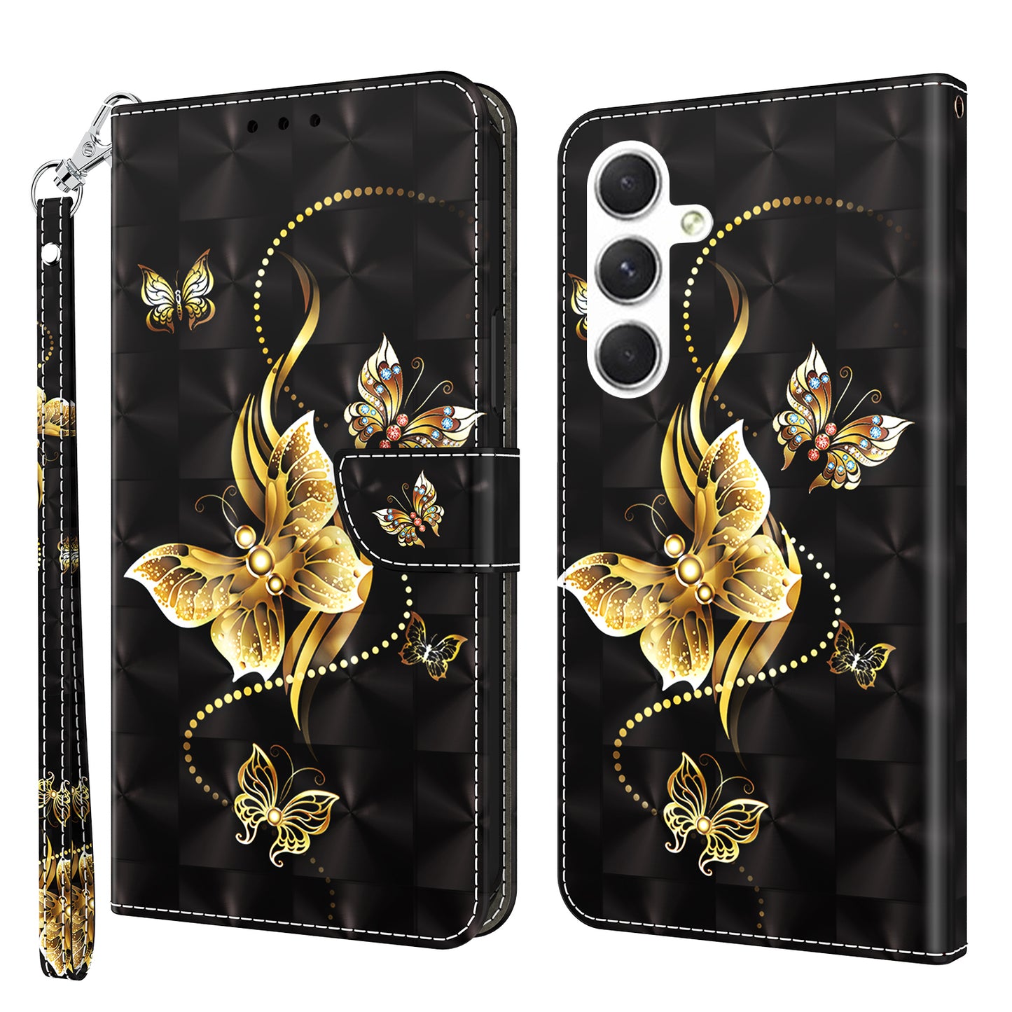 For Samsung Galaxy S24 Leather Case 3D Pattern Printing Phone Stand Cover - Golden Butterfly