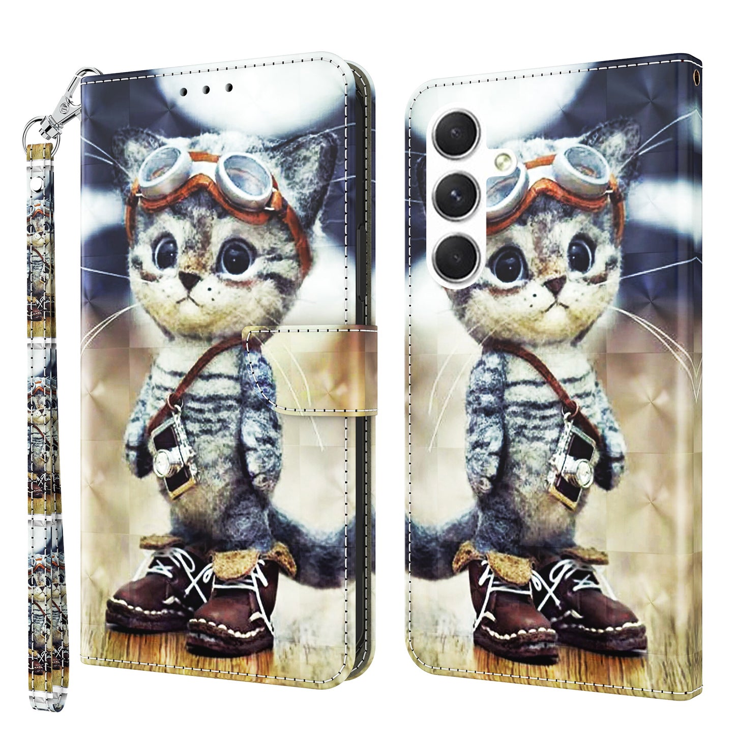 For Samsung Galaxy S24 Leather Case 3D Pattern Printing Phone Stand Cover - Standing Cat