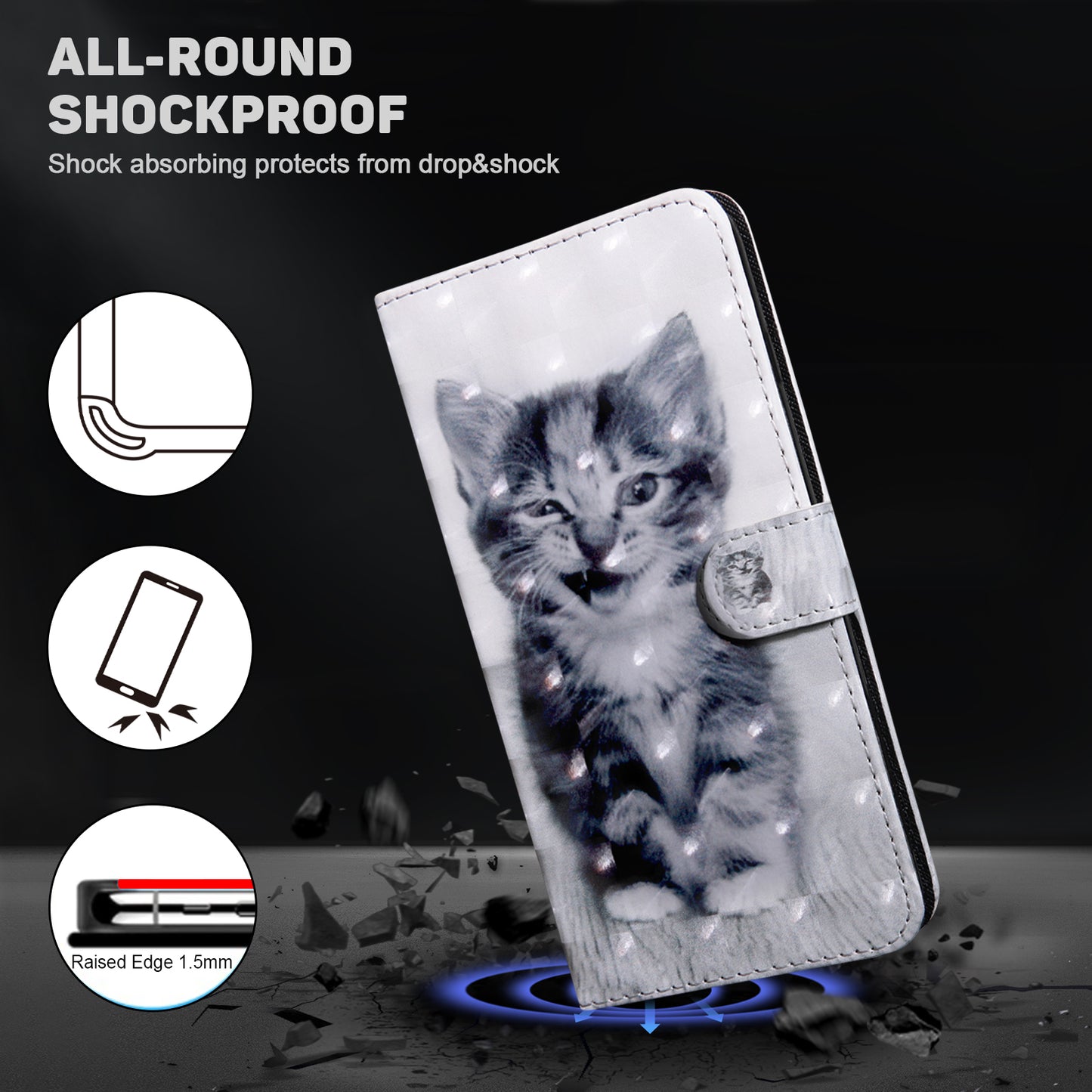For Samsung Galaxy S24 Leather Case 3D Pattern Printing Phone Stand Cover - Cat