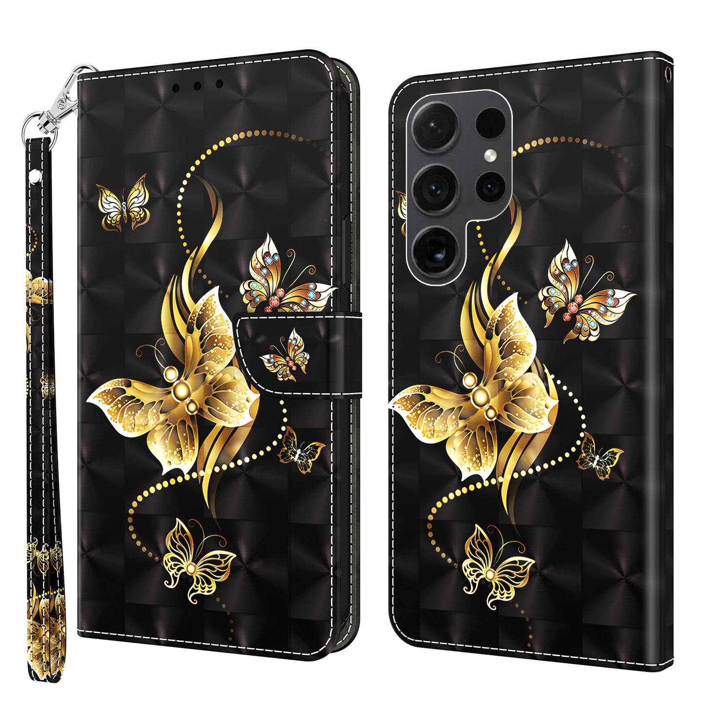 For Samsung Galaxy S24 Ultra Case 3D Pattern Printing Leather Wallet Cover - Golden Butterfly