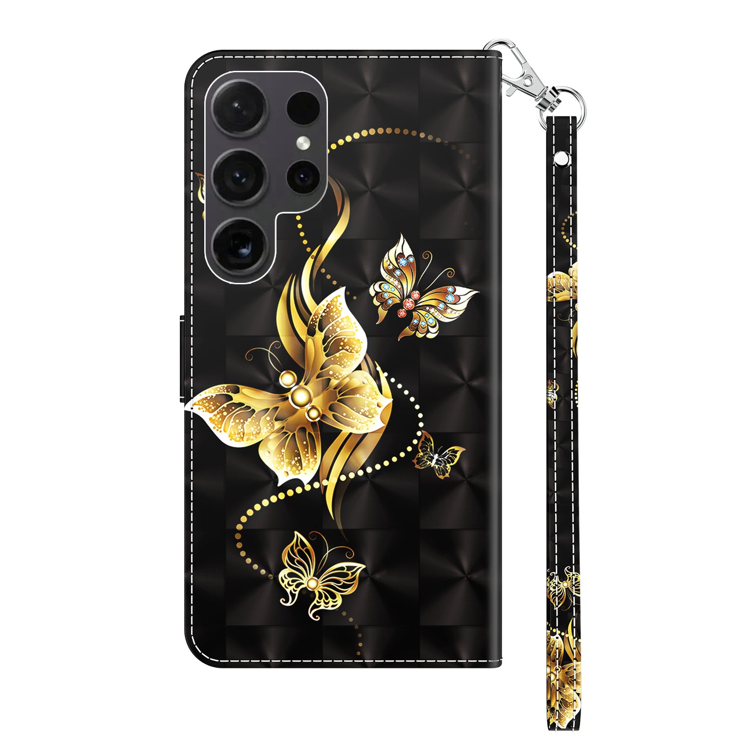 For Samsung Galaxy S24 Ultra Case 3D Pattern Printing Leather Wallet Cover - Golden Butterfly