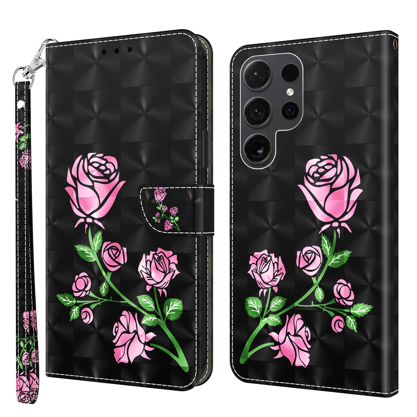 For Samsung Galaxy S24 Ultra Case 3D Pattern Printing Leather Wallet Cover - Rose Flower