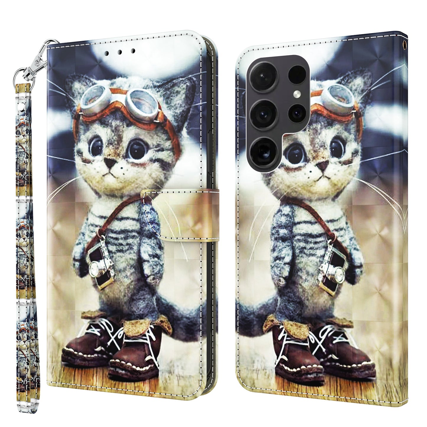 For Samsung Galaxy S24 Ultra Case 3D Pattern Printing Leather Wallet Cover - Standing Cat