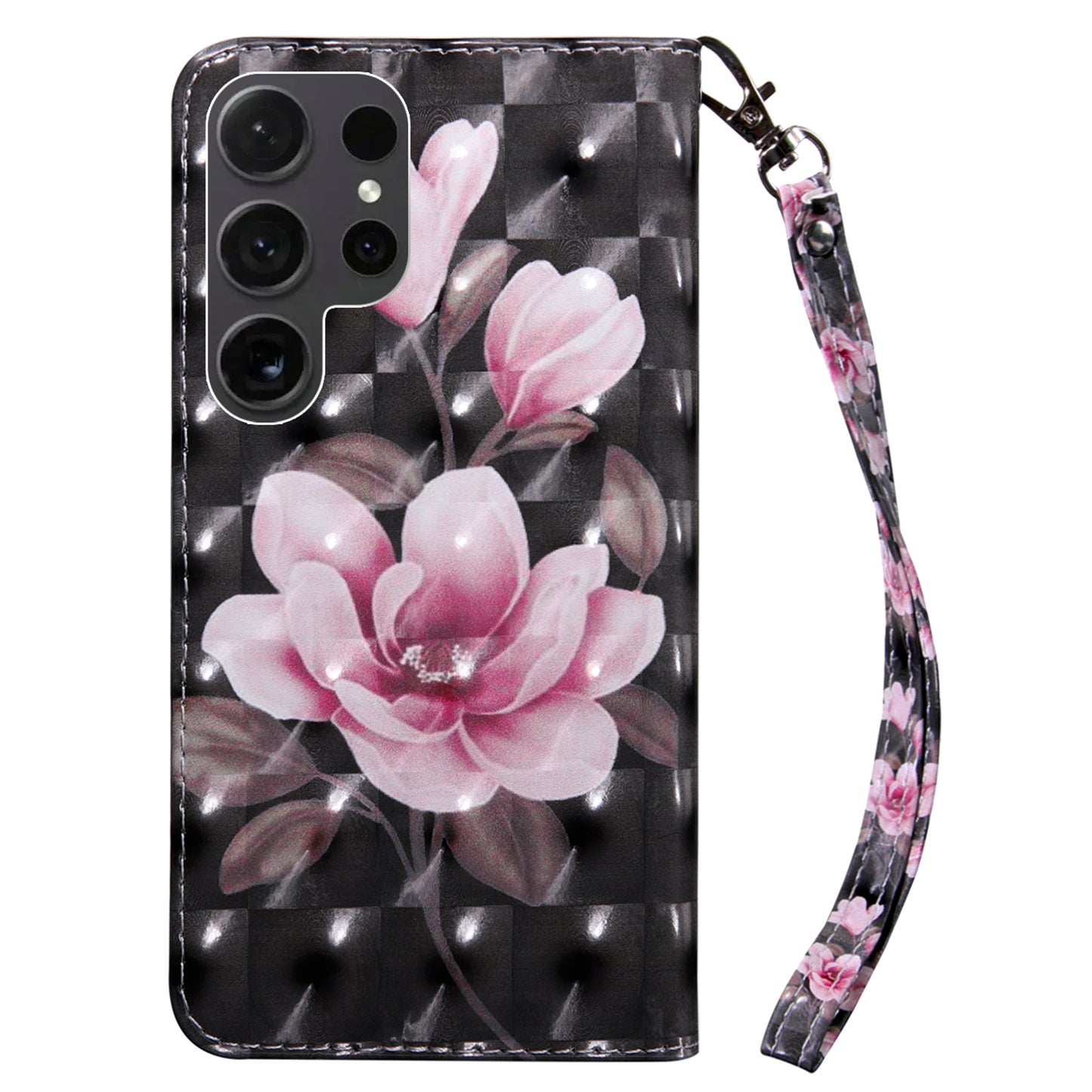 For Samsung Galaxy S24 Ultra Case 3D Pattern Printing Leather Wallet Cover - Pink Flower