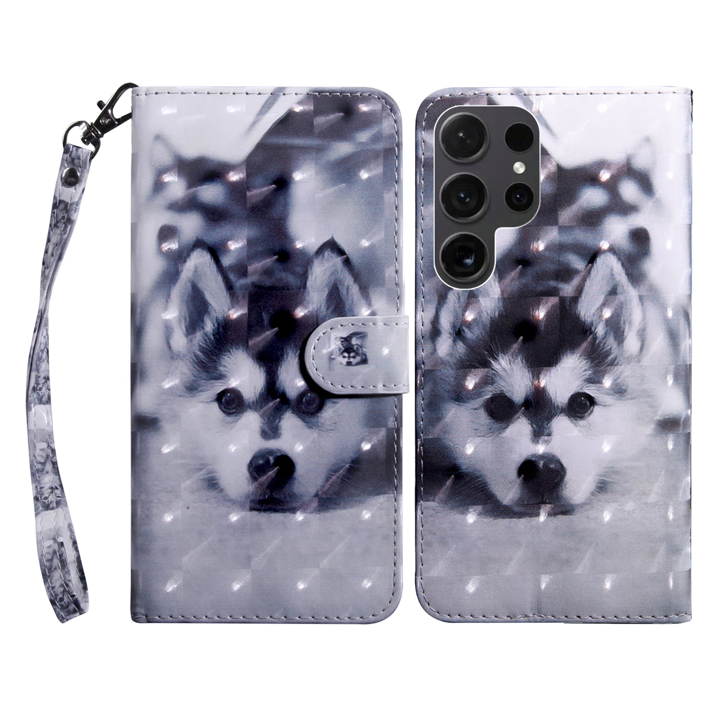 For Samsung Galaxy S24 Ultra Case 3D Pattern Printing Leather Wallet Cover - Husky
