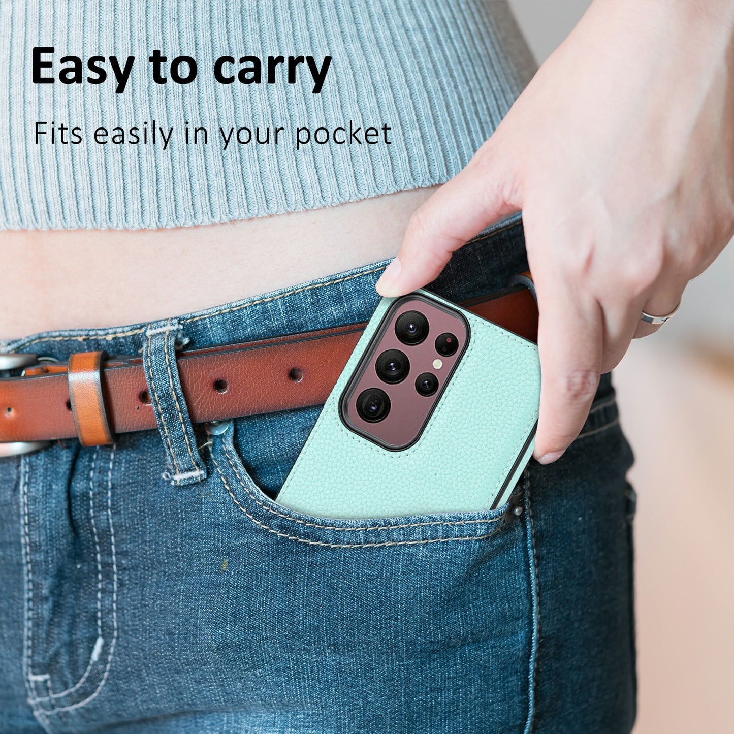 For Samsung Galaxy S24 Ultra Case Shockproof Litchi Texture PU Leather Coated TPU Cellphone Cover - Mint Green