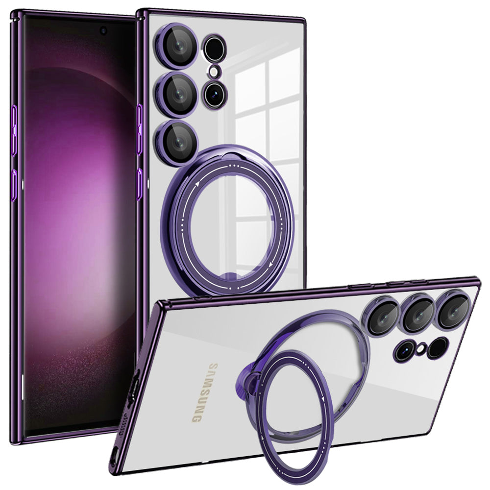 For Samsung Galaxy S24 Ultra Case Rotate Magnetic Ring Kickstand PC+TPU Phone Cover - Purple