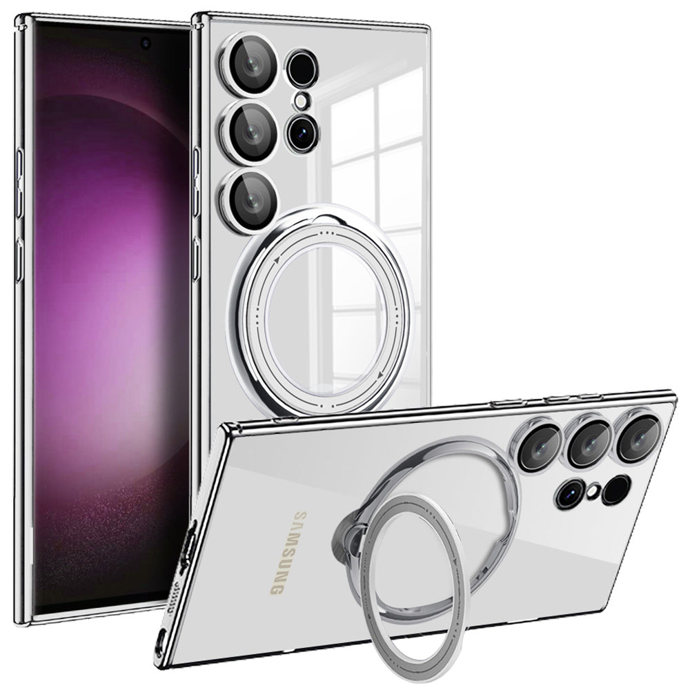 For Samsung Galaxy S24 Ultra Case Rotate Magnetic Ring Kickstand PC+TPU Phone Cover - Silver
