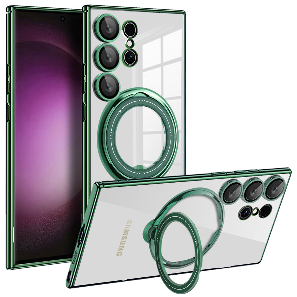 For Samsung Galaxy S24 Ultra Case Rotate Magnetic Ring Kickstand PC+TPU Phone Cover - Green