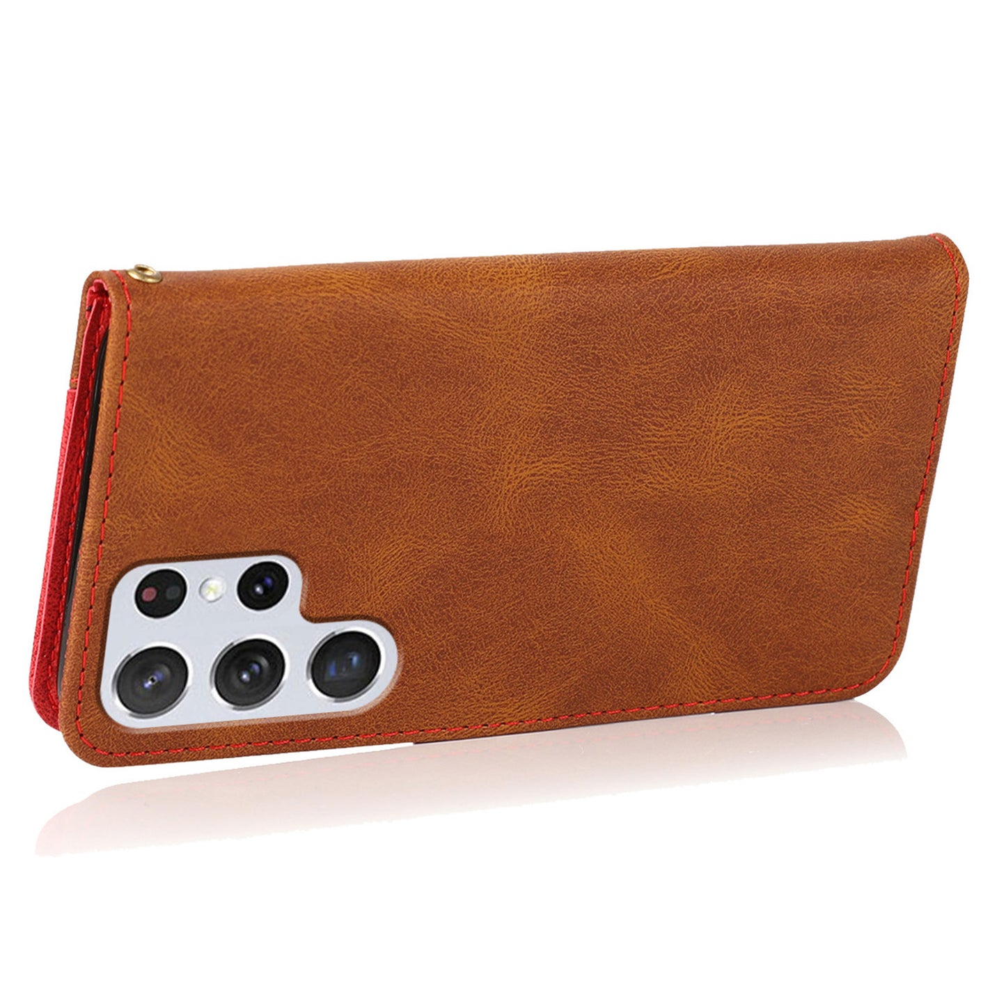 For Samsung Galaxy S24 Ultra Case PU Leather Color Splicing Stand Phone Cover - Brown+Red