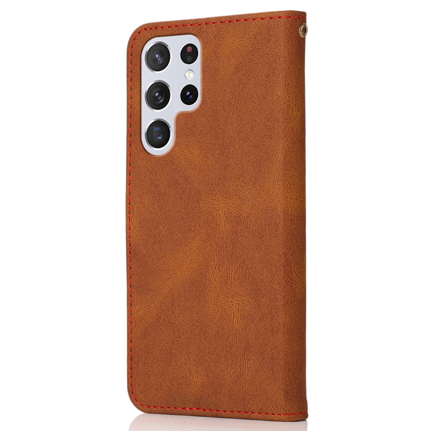 For Samsung Galaxy S24 Ultra Case PU Leather Color Splicing Stand Phone Cover - Brown+Red