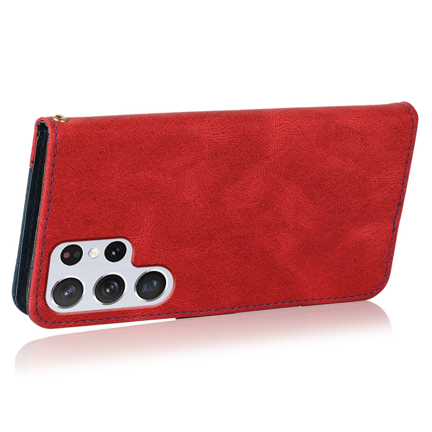 For Samsung Galaxy S24 Ultra Case PU Leather Color Splicing Stand Phone Cover - Red+Blue
