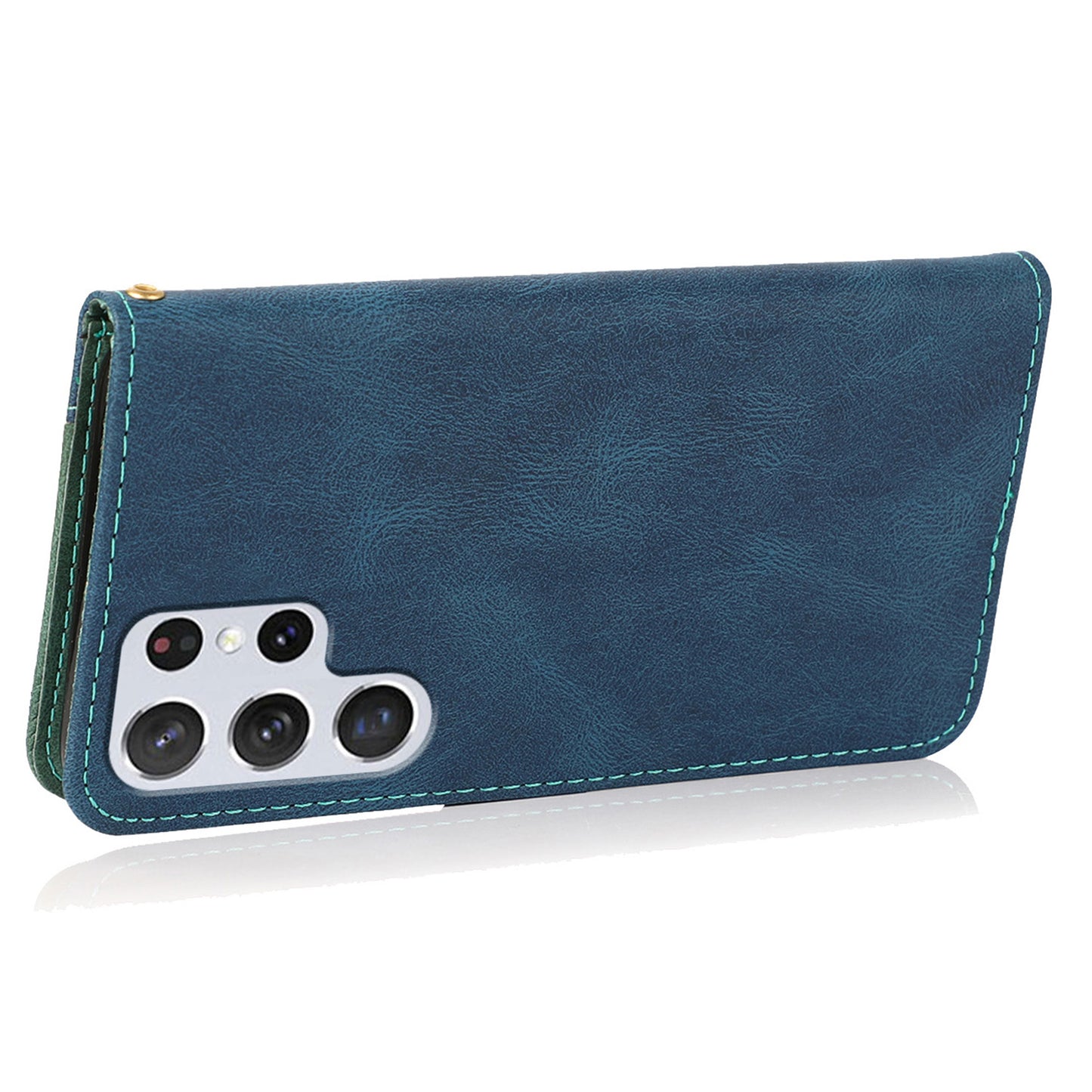 For Samsung Galaxy S24 Ultra Case PU Leather Color Splicing Stand Phone Cover - Blue+Green