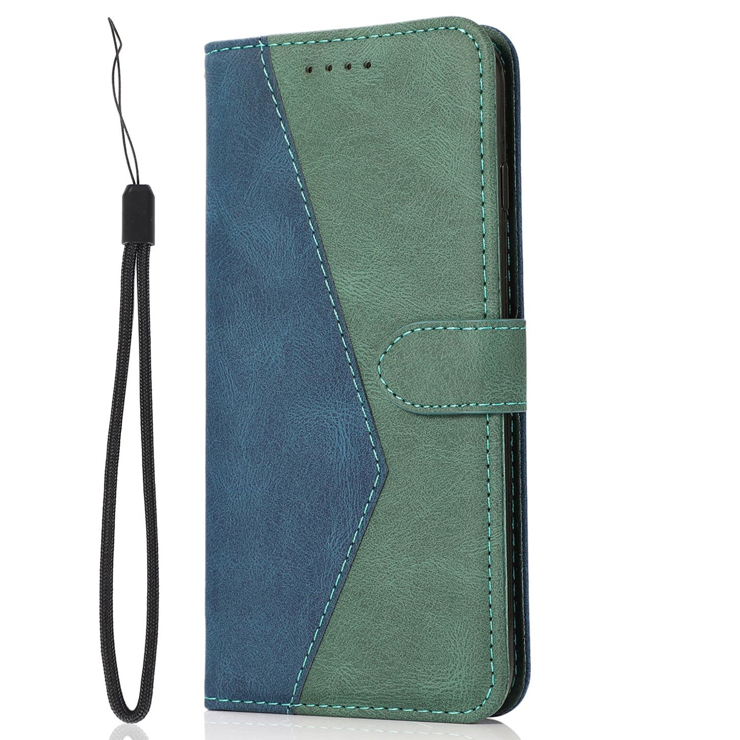 For Samsung Galaxy S24 Ultra Case PU Leather Color Splicing Stand Phone Cover - Blue+Green