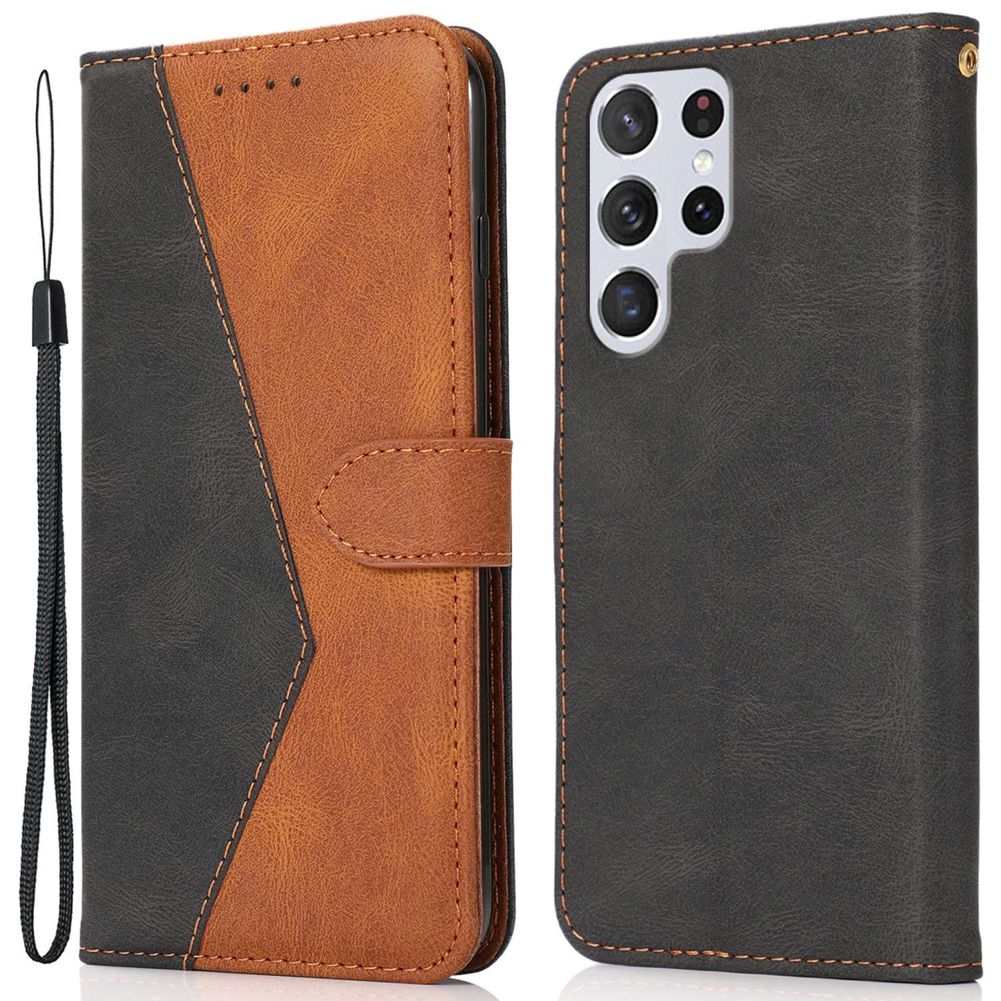 For Samsung Galaxy S24 Ultra Case PU Leather Color Splicing Stand Phone Cover - Black+Brown