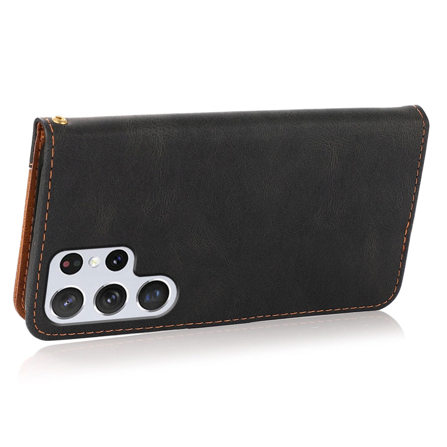 For Samsung Galaxy S24 Ultra Case PU Leather Color Splicing Stand Phone Cover - Black+Brown