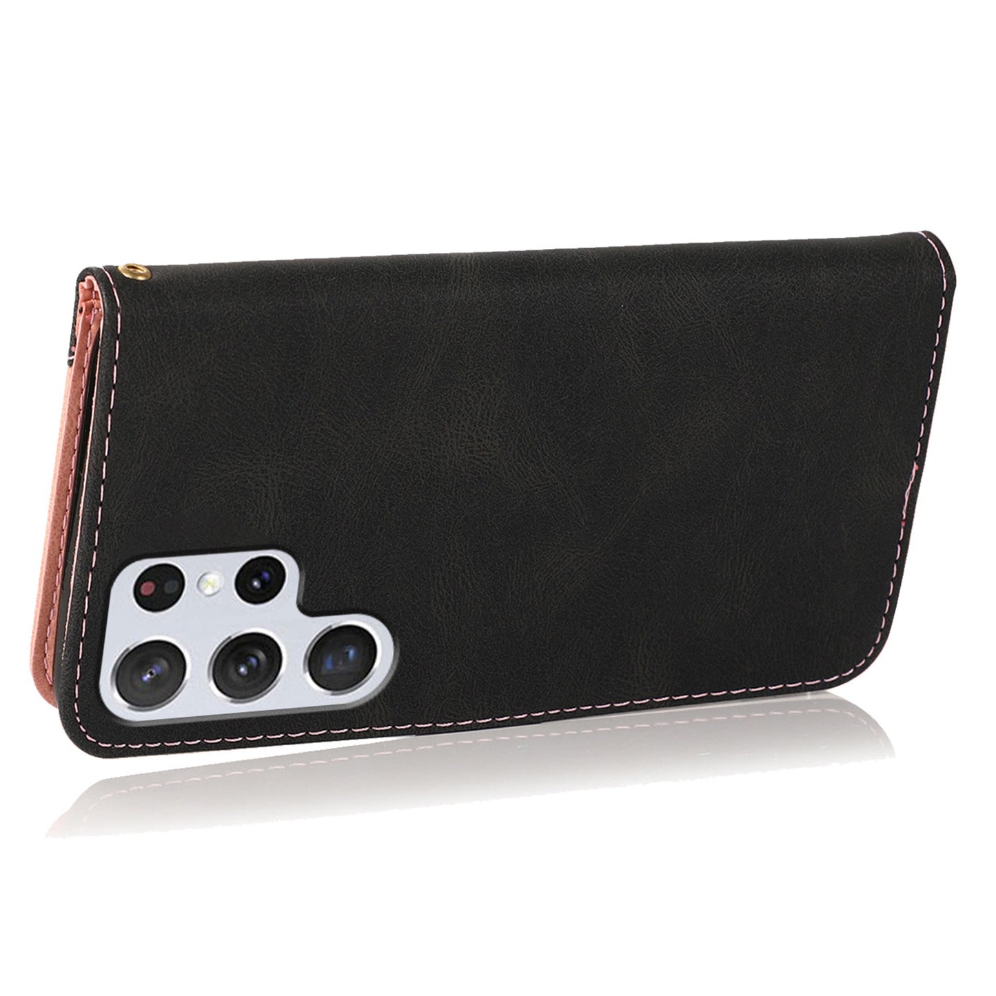 For Samsung Galaxy S24 Ultra Case PU Leather Color Splicing Stand Phone Cover - Black+Pink