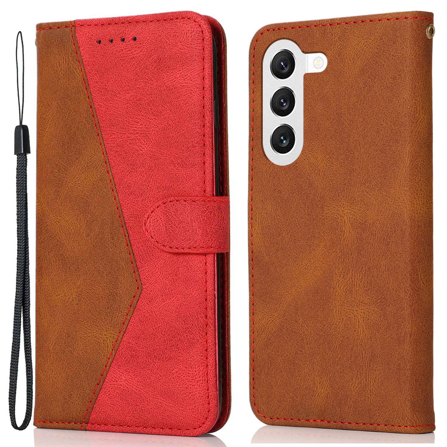 For Samsung Galaxy S24 Case Color Splicing Phone Wallet Cover - Brown+Red