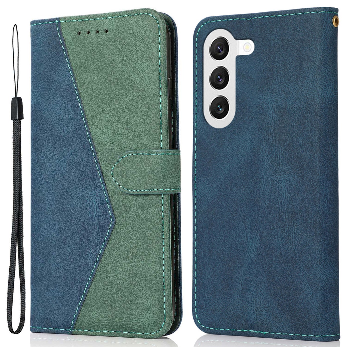 For Samsung Galaxy S24 Case Color Splicing Phone Wallet Cover - Blue+Green