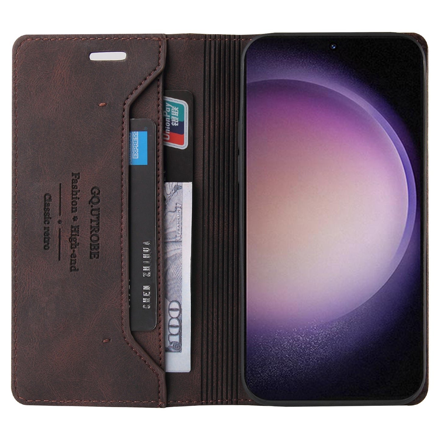 GQ.UTROBE 008 Series For Samsung Galaxy S24 Ultra Case RFID Blocking PU Leather+TPU Skin-touch Phone Protector - Coffee